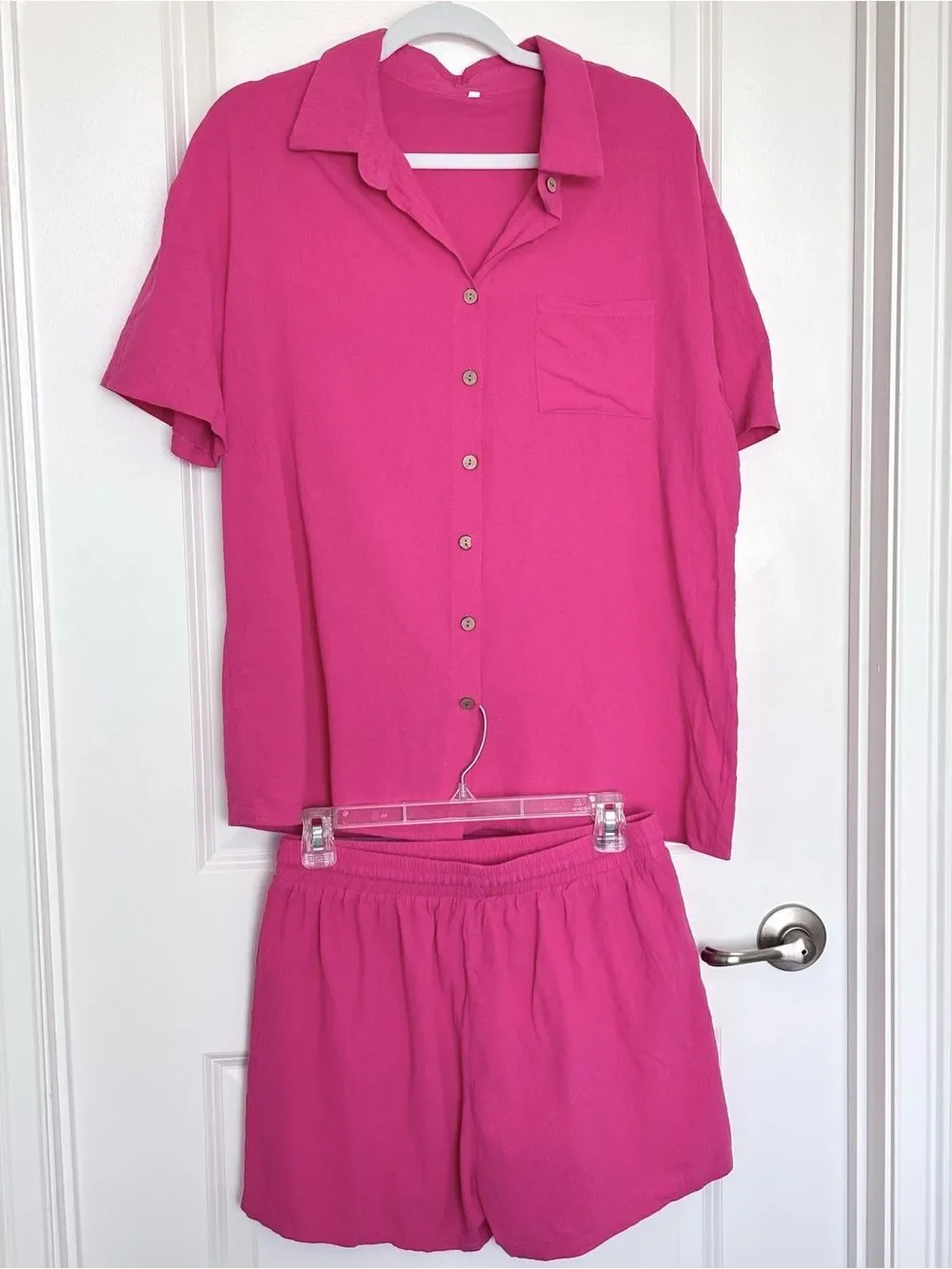 100% Cotton Matching Set Barbiecore Pink Cover up Outfit Button Up Shirt Short M